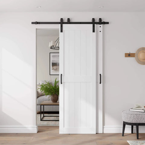 White 30 By 84 Inch Bypass Barn Door With Five Foot Track Hardware Kit Included H Shape Solid Core MDF Door With Waterproof PVC Surface