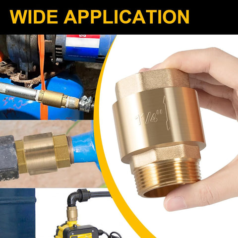 Brass one-way check valve, 1-1/4 in NPT male in to 1-1/4 in FNPT out, for irrigation or well pump water systems.