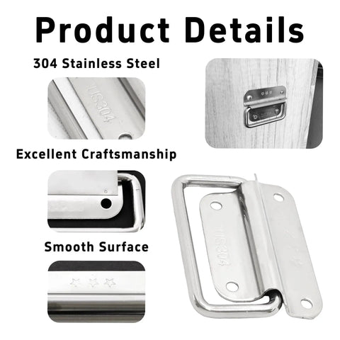 4 Piece 3 Inch Stainless Steel Chest Handles Foldable Pull Ring Handles For Toolbox Cabinets And Doors Heavy Duty Boat Hatch Latch Surface Mount Hardware details