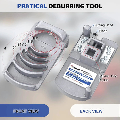 Deburring Tool For Plastic Pipe And PVC Reamer With Sharp Blade For Fast Chamfering On Six Pipe Sizes Front and Back View