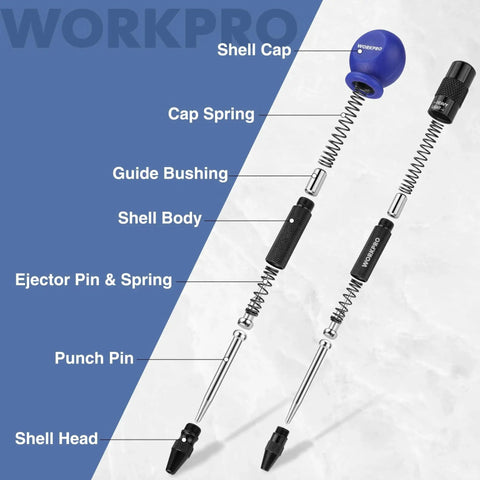 Automatic Center Punch Set 2 Pack With Replacement Tip And Ball Cap Adjustable Spring Loaded Center Punches For Wood Metal Plastic Durable Metal Punch Tool For Precise Marking And Hole Prep components shown with parts labeled.