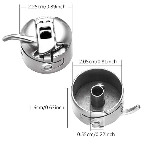 Stainless steel sewing machine bobbin case for front-loading 15-class machines; front and top views.