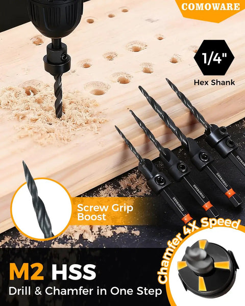 All In One Countersink Drill Bit Set For Woodworking By Comoware, 15-Piece Set with drill in action on wood plank