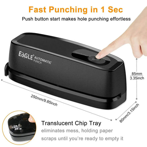Electric 3 Hole Paper Punch Desktop No Sweat No Fuss 20 Sheet Capacity AC Or Battery Operated, hand pushing button