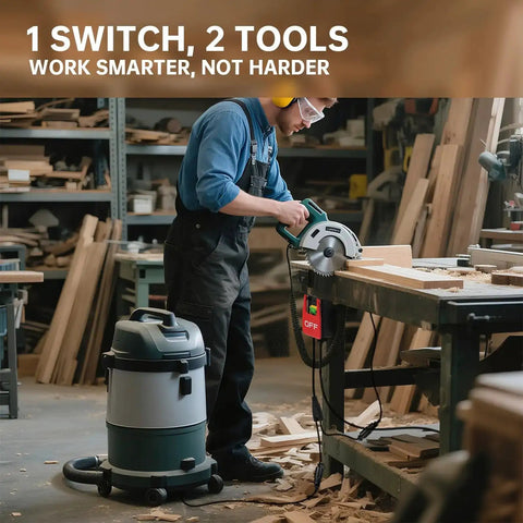 Worker using 110V Single Phase Safety Switch With Dual Outlets And Synchronized Start Stop for table saws in a workshop