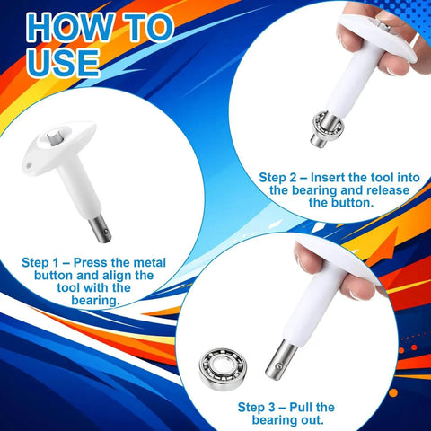 Multifunction Skate Tool Kit showing step-by-step use with bearing puller, instructions for skateboards and roller skates maintenance.