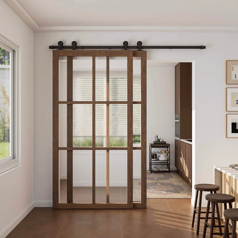 6.6Ft Bypass Sliding Barn Door Hardware Kit For Two Doors Single Track System with top mount hanger, installed in living room.
