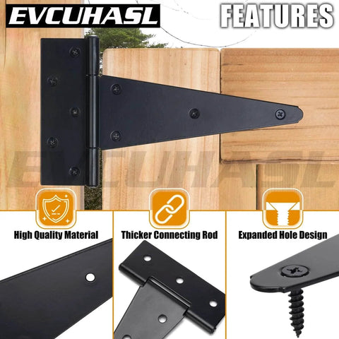 4 Inch T Strap Gate Hinges 2 Pack Heavy Duty Black Tee Hinges for Wooden Fences, shown installed on a wooden gate with features highlighted.