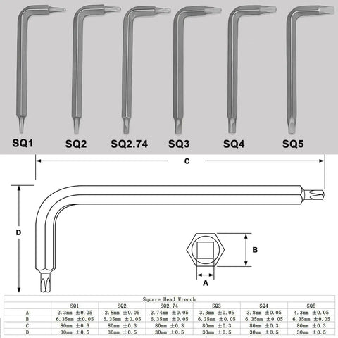Six Piece Square Head Allen Wrench Set With L Shaped Design Pro Grade S2 Steel Square Keys Kit Includes SQ1 SQ2 SQ2.74 SQ3 SQ4 SQ5 For Hard To Reach Fasteners Durable Precision Machined Hex Keys For Home Garage And Tool Box diagram