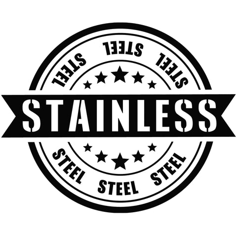 Circular stainless steel emblem featuring stars and bold text highlighting stainless steel quality for jewelry hardware and DIY use.
