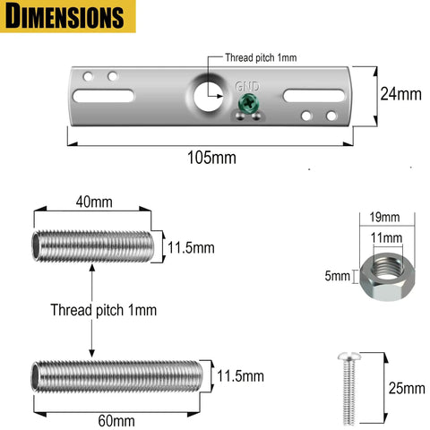 Heavy Duty Die Cast Cross Bar Kit With Screw Collar Loop Canopy Hardware Set dimensions diagram with measurements