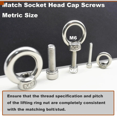 Stainless Steel M5 Lifting Eye Nuts With Three Sixteenth Inch Threads, various sizes displayed for mounting anchor points.