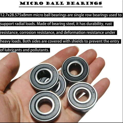 Five Tonmp R8-2RS rubber-sealed ball bearings, 1/2 in bore, held in hand