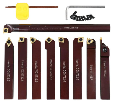Five Eighth Inch Indexable Turning And Boring Tool Set With TiN Coated C6 Carbide Inserts For Steel And Cast Iron Built To Last Positive Rake Chipbreaker Design To Cut Fewer Chips And Lower Cutting Forces 9 Piece Kit 29880058 Accusize Industrial Tools displayed.