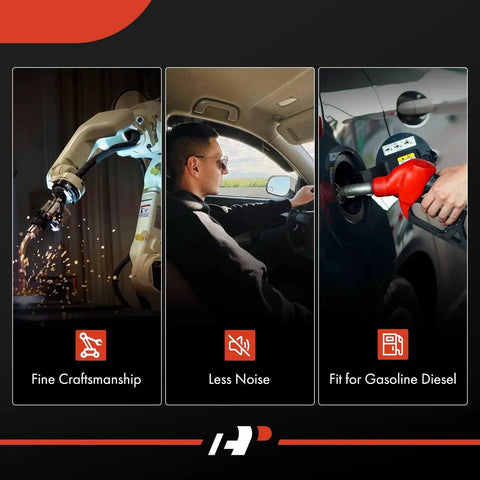 Robotic arm with sparks, man driving car, person refueling vehicle highlighting features: craftsmanship, noise reduction, diesel compatibility