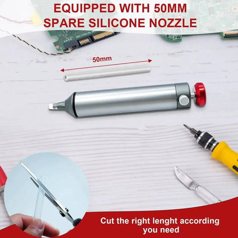 Heavy Duty Desoldering Pump With Strong Suction For PCB Repairs showing 50mm silicone nozzle and spare tube