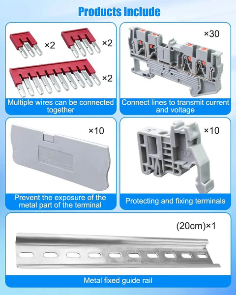 Twin Spring Din Rail Terminal Block Kit With Push In Screwless Wires 2x2 Pole Block Easy Clamp Wiring System, kit contents