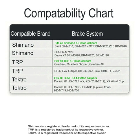 Compatibility chart for High Performance Beefy Ceramic Disc Brake Pads For Shimano Four Piston Calipers Saint XTR SLX XT And TRP