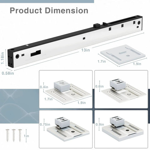 Two Pack Stainless Steel Barn Door Soft Close Mechanism For Flat Track With Adjustable Weight Up To 160 Pounds Universal Compatibility Hole Free Installation Or Drilled Track Optional Effortless Smooth Opening And Closing Silver showing dimensions and components