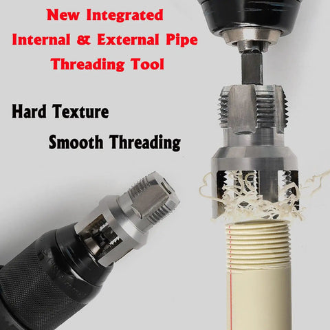 3 Piece PVC Pipe Threader Kit NPT Sizes One Half Inch Three Quarter Inch And One Inch Dual Function Internal And External Threading Tool Compatible With Electric Drill For PVC PPR And MPP Pipes close-up in use