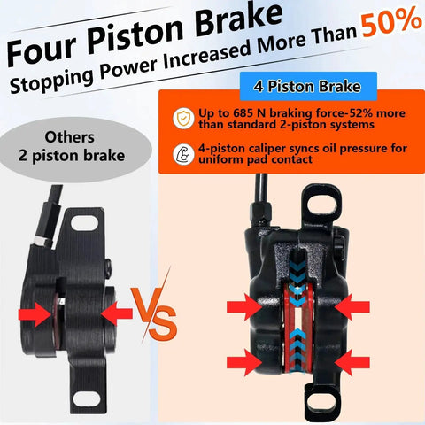 Front view of four-piston hydraulic MTB disc brake caliper set (front-left and rear-right).