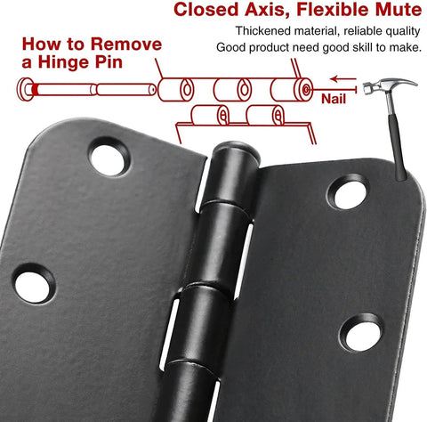 Close-up of 30 Pack Matte Black Interior Door Hinges 3.5 Inch by 3.5 Inch Round Radius Five Eighth Inch Hinge with removal diagram