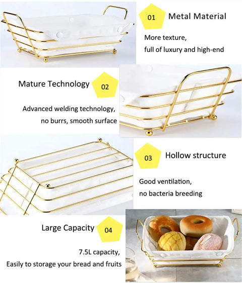 Gold Wire Serving Basket For Fruit And Bread, durable cast iron countertop tray with linen liner, large capacity, upscale design