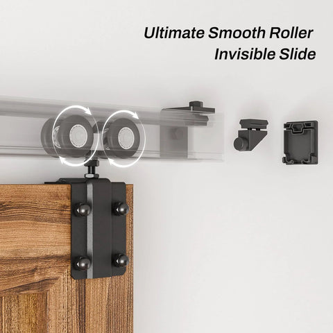 6Ft Box Rail Sliding Barn Door Hardware Kit for Wall Mount Track System shown with smooth roller on wooden door