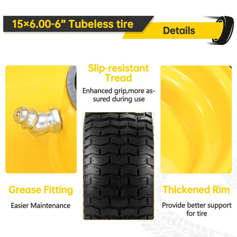 Close-up of slip-resistant tread and grease fitting on Two Pack 15x6.00-6 Lawn Mower Tire And Wheel Set For Front Replacement