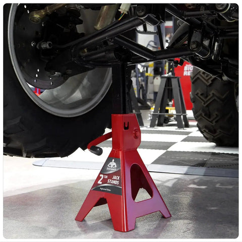 Low Profile 2 Ton Jack Stands Set For Cars 2 Pack 9.8 To 15 Inch Lift Range supporting vehicle in garage