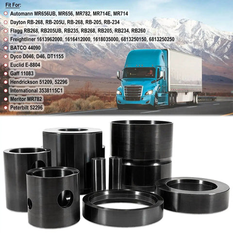 Leaf Spring Pin And Bushing Adapter Service Kit Remover And Installer Tool Set For Heavy Duty Trucks And Equipment Pro Grade Maintenance Kit For Fleet Mechanics And Auto Shops with black steel parts in front of a highway truck