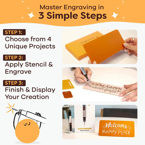 Instructions for "Customizer Special Edition Engraving Kit DIY Starter Set With Engraving Pen And Bits And Materials For Beginners Create Custom Keychains Magnets And Metal Art A Giftable Craft Kit For New Hobbyists" showing engraving steps and completed projects.