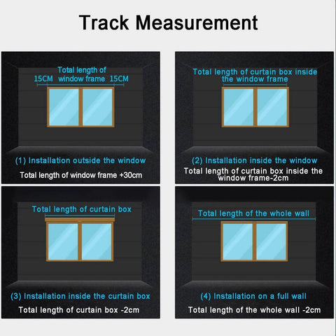 Diagram showing four curtain track measurement methods for installation on window frames and walls.