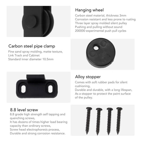 Components of Heavy Duty Sliding Barn Door Hardware Kit for Single Or Double Bypass Doors, showing wheels, pipe clamp, stopper, screws.