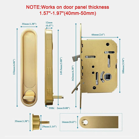 Pocket Door Lock Hardware With Pull Inconspicuous Sliding Door Handle Recessed Lock for furniture, gold zinc alloy electroplated brushed finish, components displayed with dimensions.