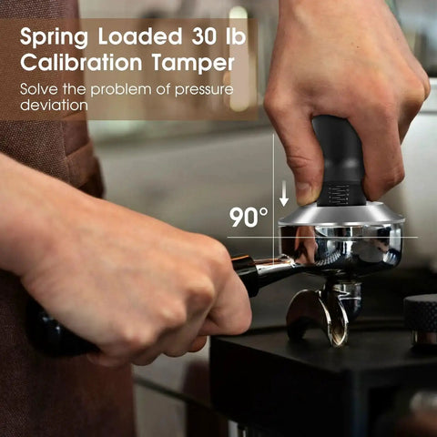 Person using 54mm Espresso Accessories Kit With Spring Loaded Calibrated Tamper WDT Tool And Dosing Funnel For Breville 54mm Machines