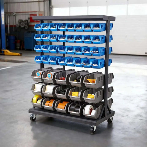 Seven Tier Double Sided Rolling Bin Storage Rack With Ninety Four Plastic Bins On Wheels in garage setting