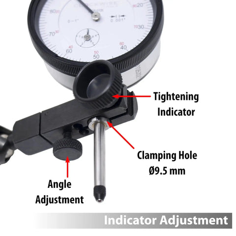Close-up of Accurate Dial Indicator With Magnetic Base Stand 0 To 1 Inch Range And 0.001 Inch Resolution DIMR-0105 adjustment features.