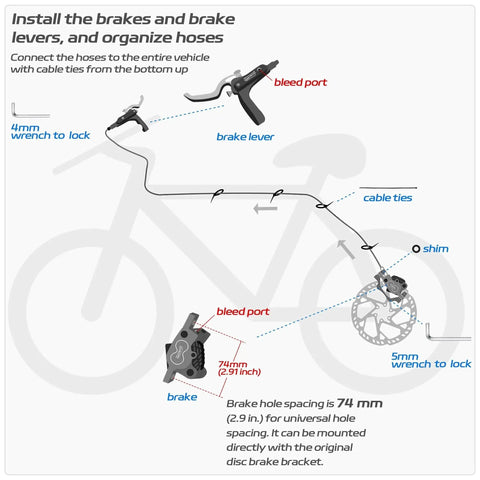 DYISLAND SD-230X MTB hydraulic disc brake set, black aluminum levers, 2/4-piston calipers, front/rear installation diagram