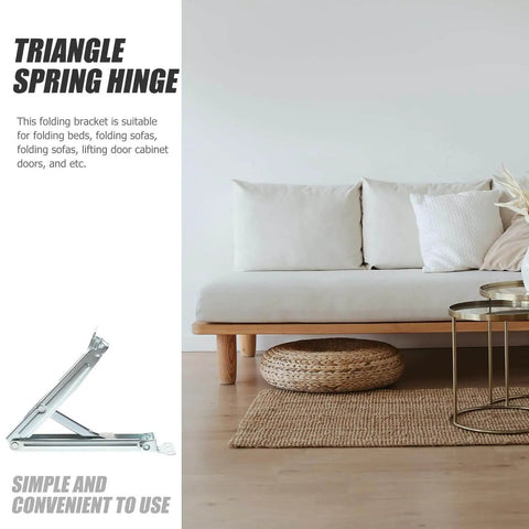 Adjustable Folding Lift Up Hinge For Massage Tables And Sofa Beds with Sofa, Folded Hinge, and Product Info Text Visible
