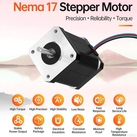 Beefy Torque Nema 17 Stepper Motor 2 Phase 1.8 Degree for 3D Printers DIY CNC Machines with visible shaft and colorful wires