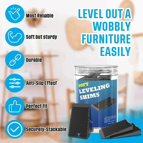 Non Slip Rubber Furniture Levelers Shims, 32 Piece Jar with anti-slip features on promotional display background