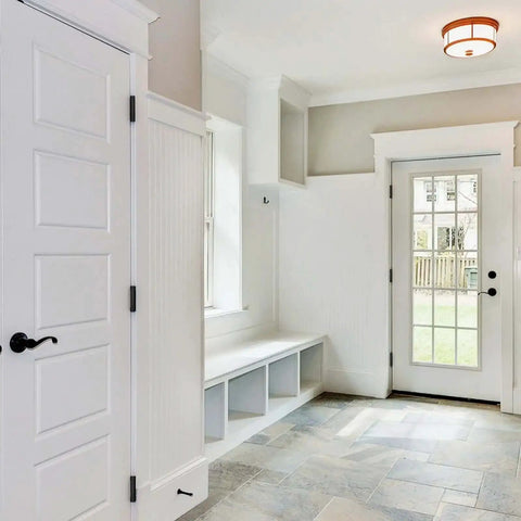Entryway with installed Black 4 Inch Self Closing Door Hinges, Five Eighths Inch Radius Corners, Heavy Duty Spring Hinge on white door