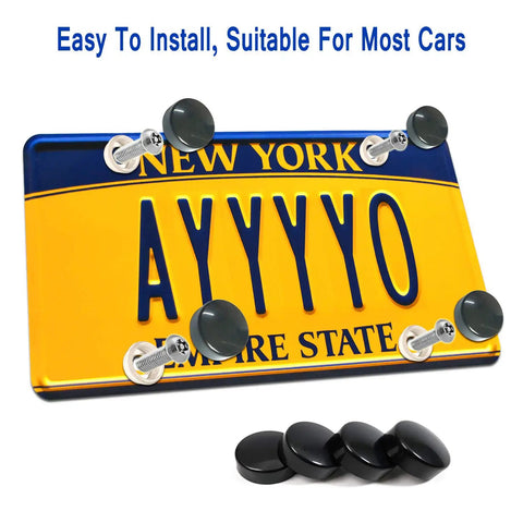 Stainless Steel License Plate Screws Kit For Car With Anti Theft Hardware M6 25mm 1 Quarter Inch Black Caps Bolts Nuts Fasteners Includes Anti Theft Screwdrivers Rust Proof shown with New York license plate