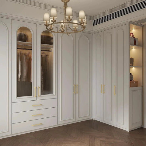 Closet with 5 Pack 8 Inch Brushed Gold Cabinet Handles Center To Center Drawer Pulls on white doors, modern square style.