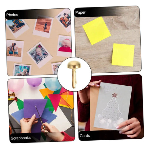 Collage showing Must Have 100 Piece Paper Fasteners Brads For Scrapbooking And Card Making used with photos, paper, scrapbooks, and cards.