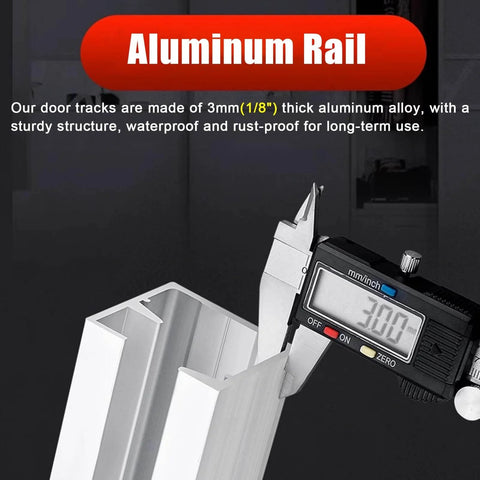 Close-up of aluminum track showing thickness measurement for Bi-Folding Barn Door Hardware Sliding Track Kit For Double Wood Doors.