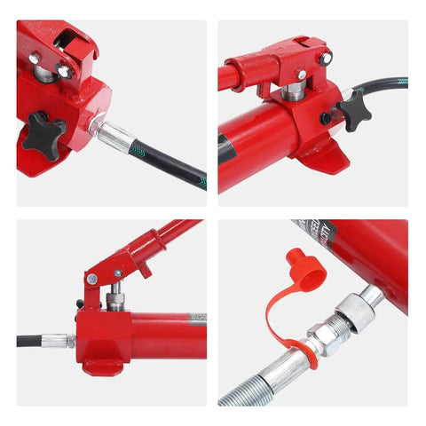 10 Ton Hydraulic Porta Power Kit With Wheeled Case Ram Pump Hose For Automotive close-up of hydraulic connections