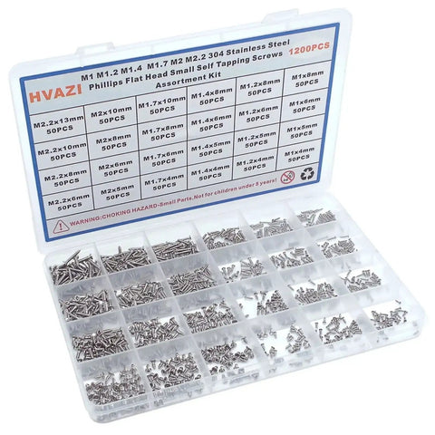 Massive 1200 Pieces 304 Stainless Steel Phillips Flat Head Self Tapping Screws Assortment Kit with 24 Sizes M1 M1.2 M1.4 M1.7 M2 M2.2