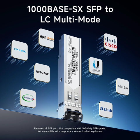Cable Matters 2-pack 1000BASE-SX SFP to LC multimode fiber transceiver module, 1G, 800nm, up to 500m.